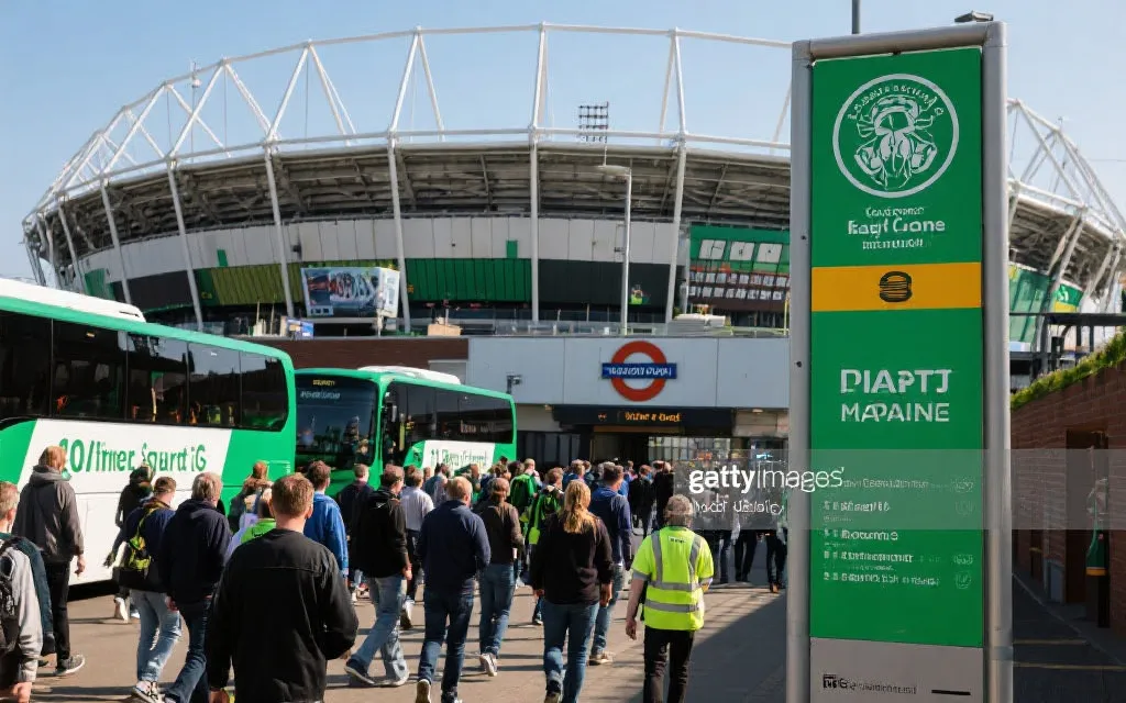 比赛日绿色出行与城市公共交通联动的场景：人群有序步行至球场、公交与地铁指引清晰